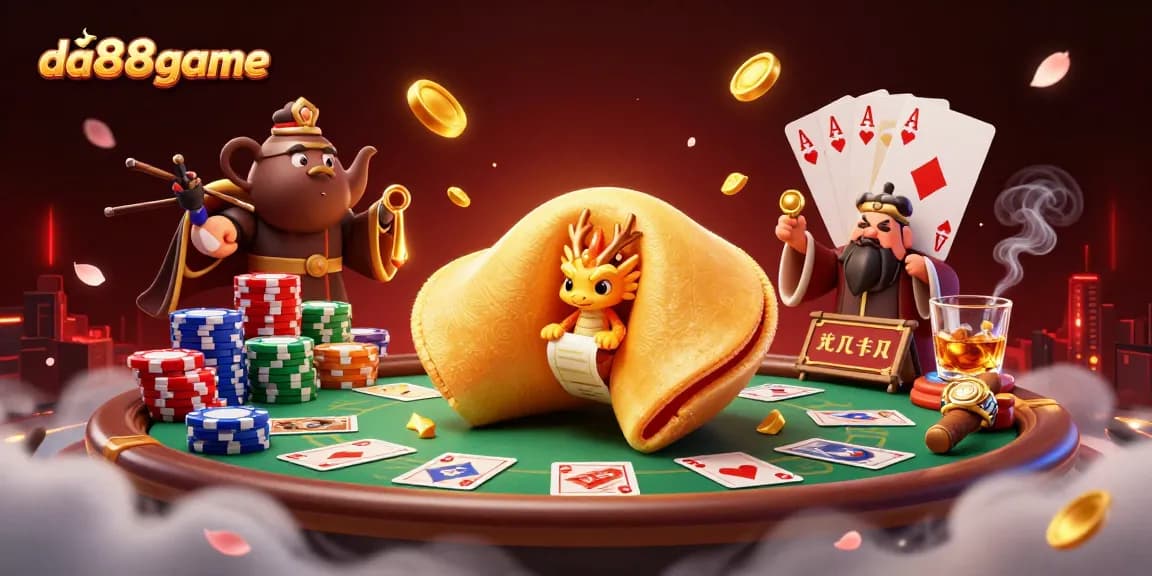 Join the thrilling action at da88game with a vibrant casino scene featuring poker, wisdom, and fortune.