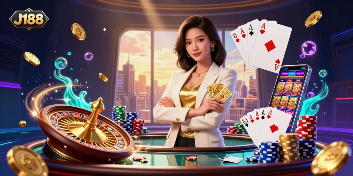 Experience a winning strategy at J188 online casino with an elegant woman holding cards amidst dazzling game elements.