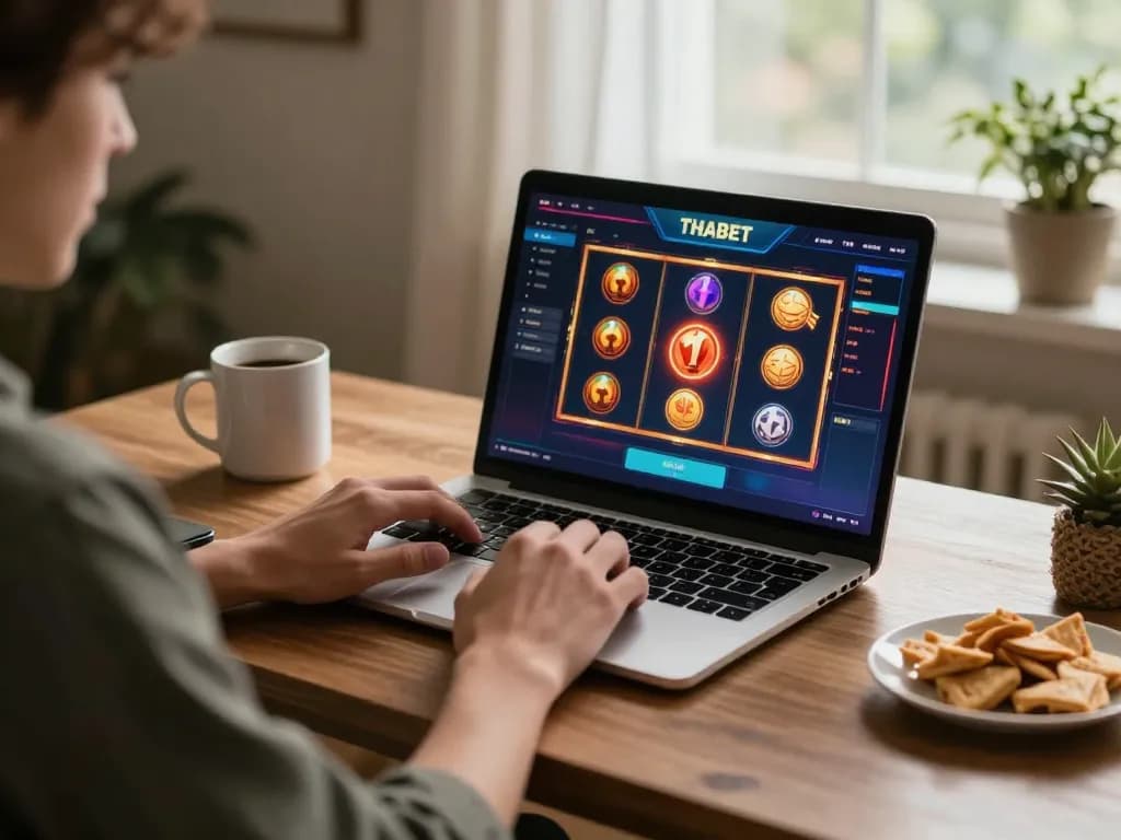 Player engaging in online THABET gaming session on a laptop at home, showcasing a vibrant interface.