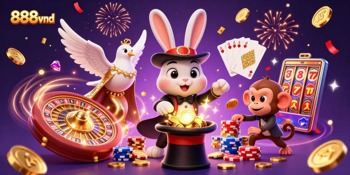 Engage with 888vnd in this vibrant 3D casino scene featuring magical elements and dynamic gaming symbols.