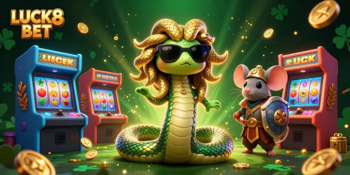 Experience the excitement of LUCK8 BET with a vibrant casino-themed illustration showcasing Medusa and a warrior mouse.