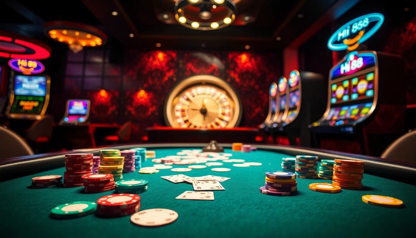 Hi88 poker table bustling with energy and colorful chips, capturing the essence of excitement in gambling.