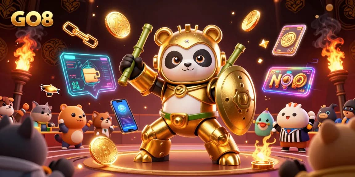 Engage in exciting gaming adventures at GO8 with 3D golden panda in a vibrant casino environment.
