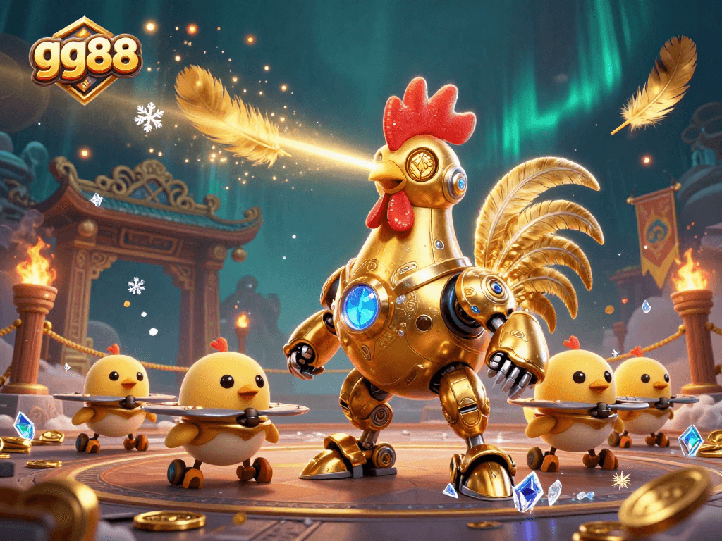 Engage with thrilling betting opportunities at gg88 featuring a golden rooster robot in an electrifying arena.