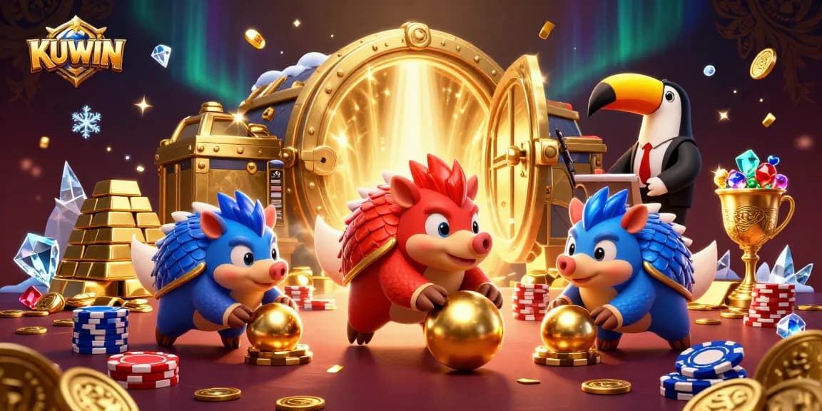 KUWIN players roll through massive poker chips with rival pangolins in an exciting casino scene.
