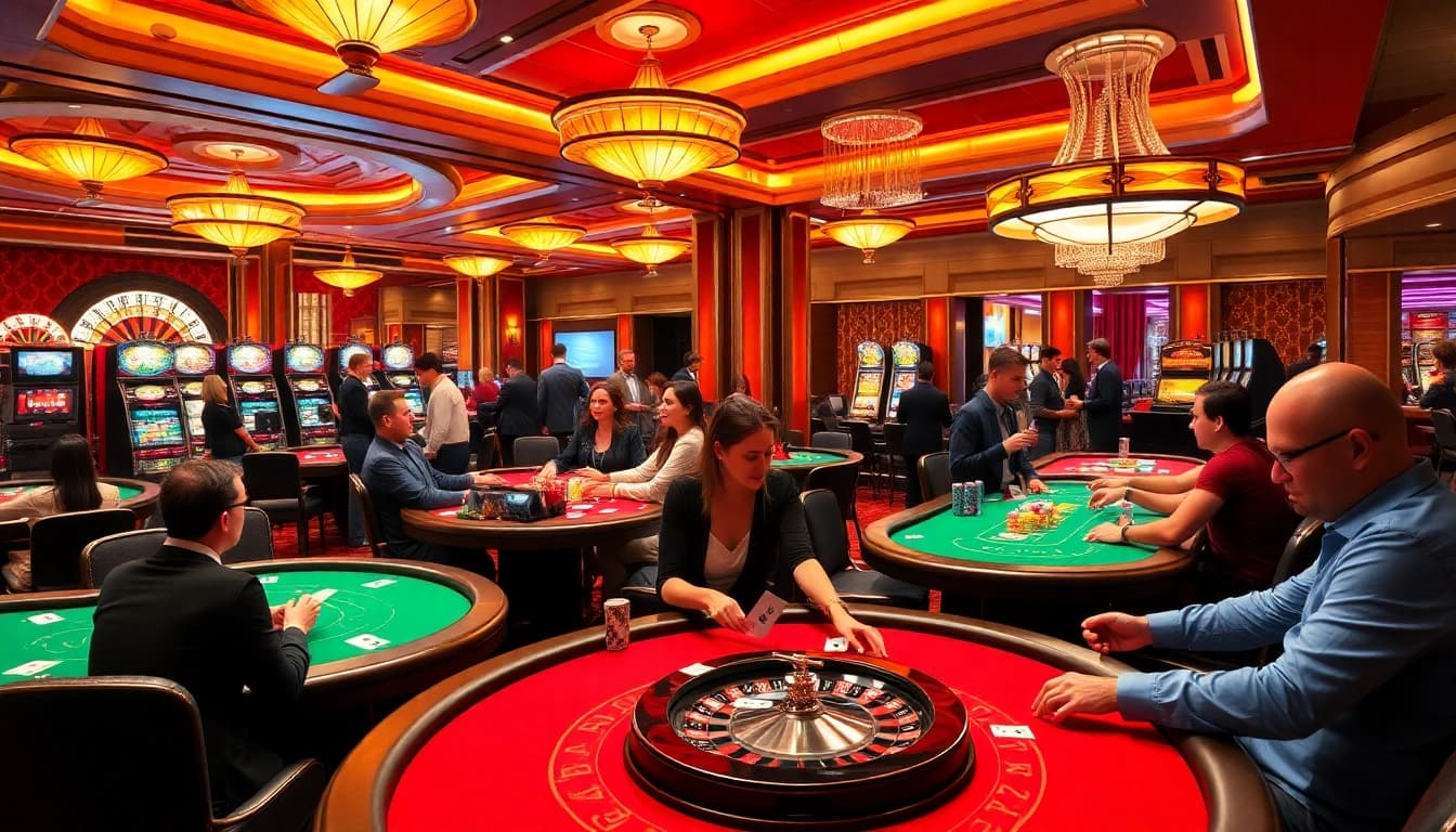 Engaged gamblers enjoying diverse games at Trang chủ win88 casino with vibrant atmosphere.