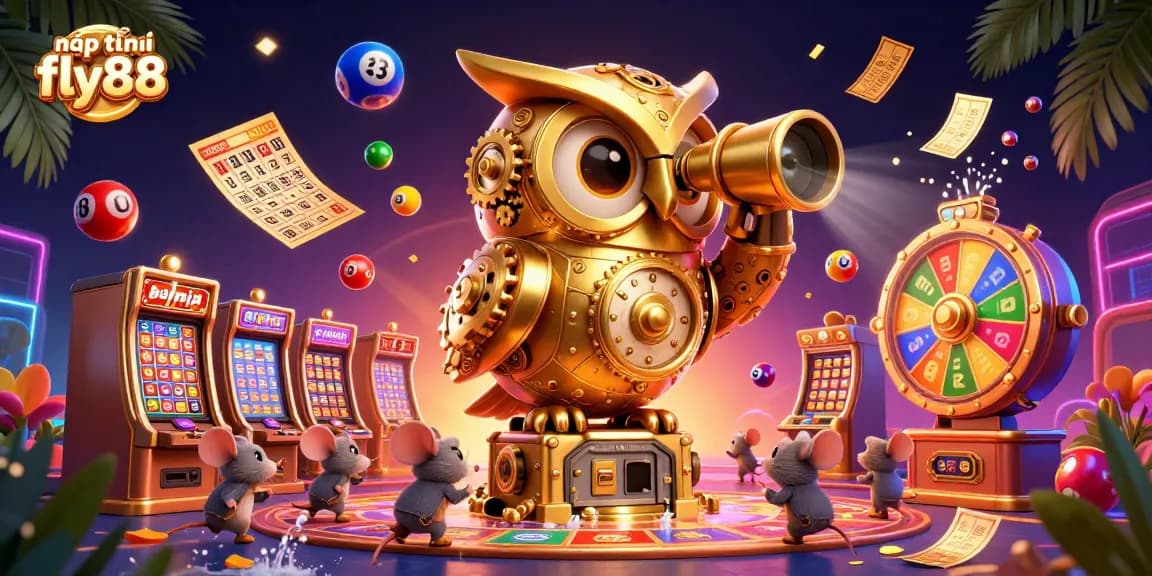 Nạp tiền fly88 in a vibrant casino scene featuring a golden owl, animated lottery balls, and exciting game elements.