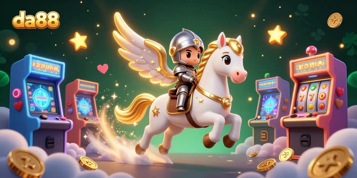 Play exciting games at da88 with a knight and celestial horse, showcasing vibrant casino themes.