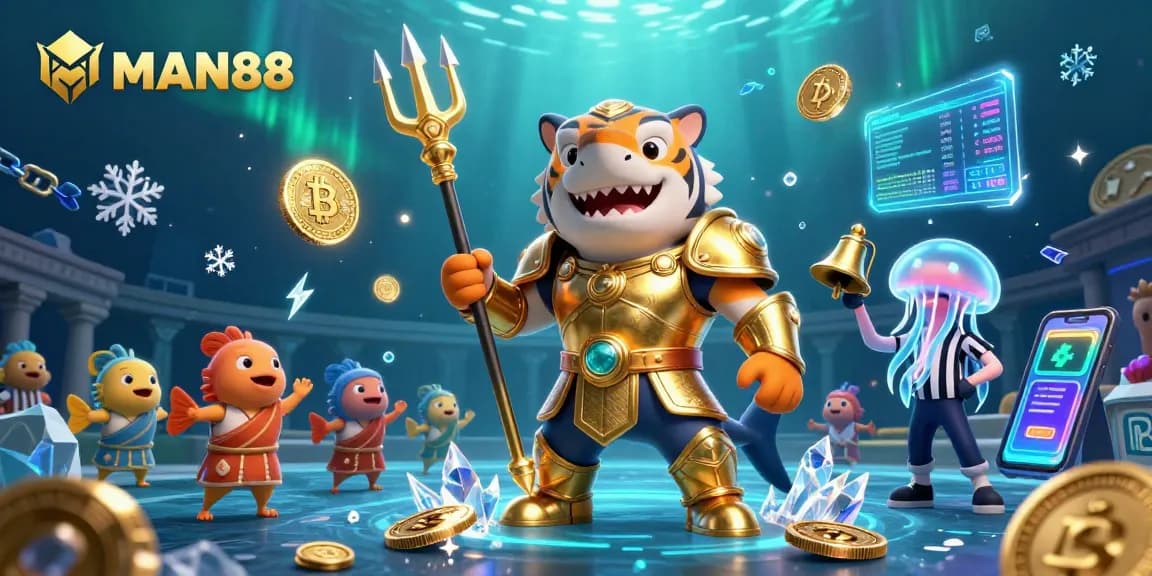 Experience thrilling underwater gameplay with MAN88's dynamic casino adventure, featuring a tiger shark and crypto elements.