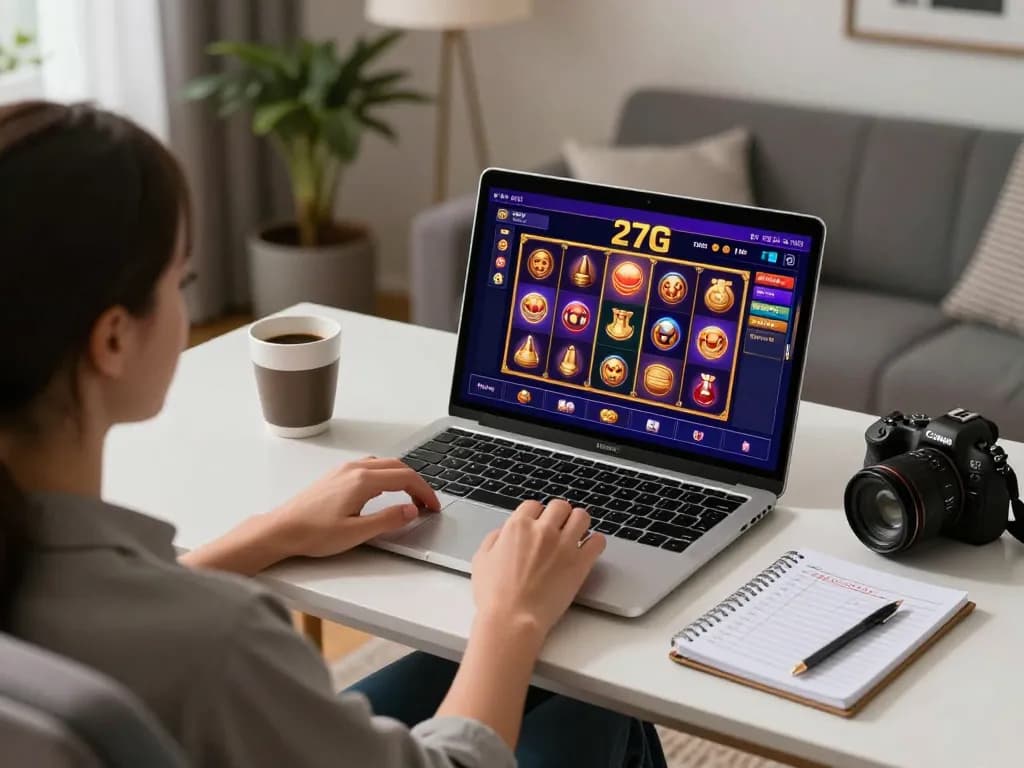 27G mobile casino gaming experience with player engaged in high-quality slots on a laptop in a stylish home setting.
