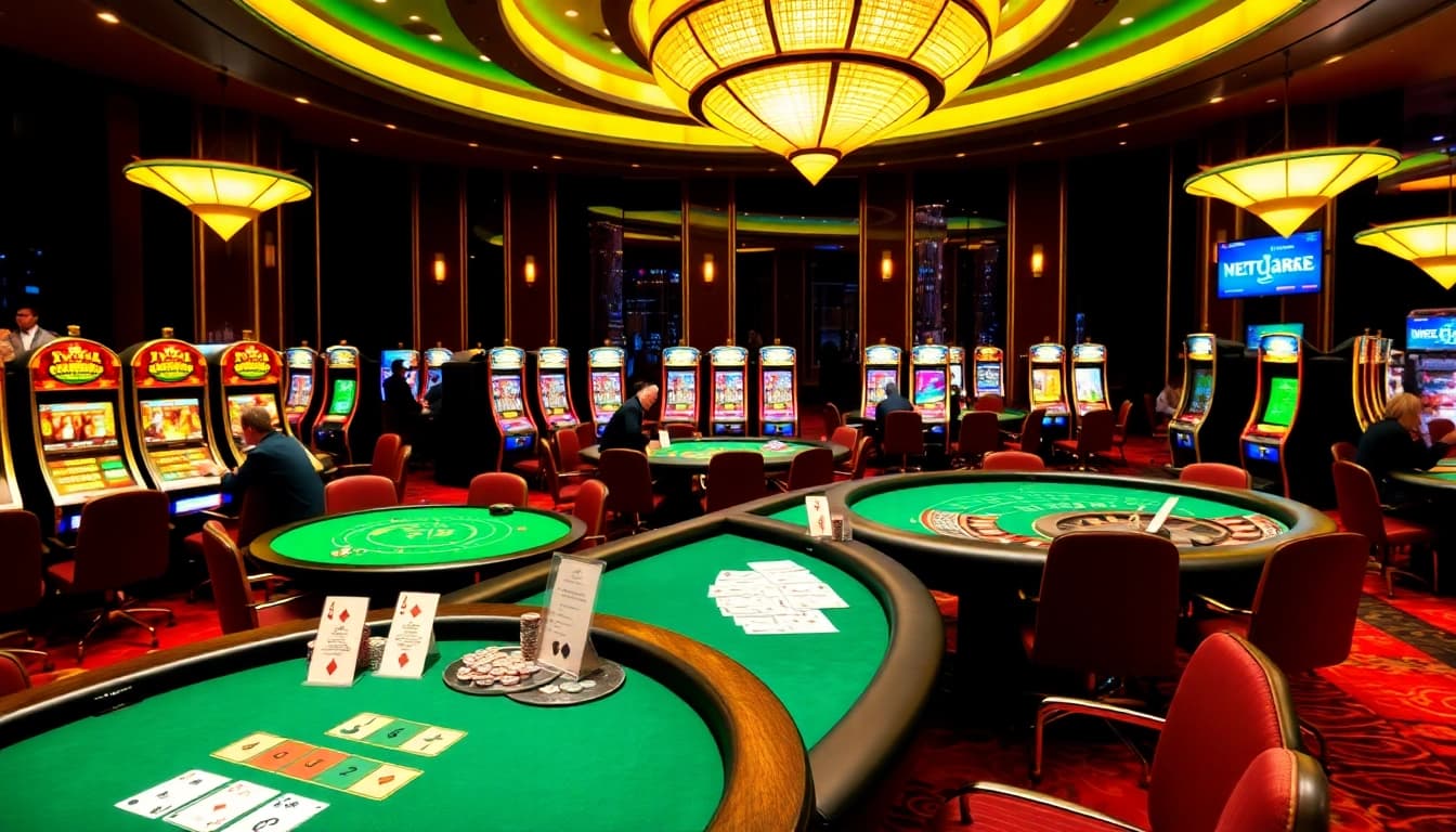 Players strategize at the blackjack and poker tables in a vibrant casino setting, embodying the 7m excitement.