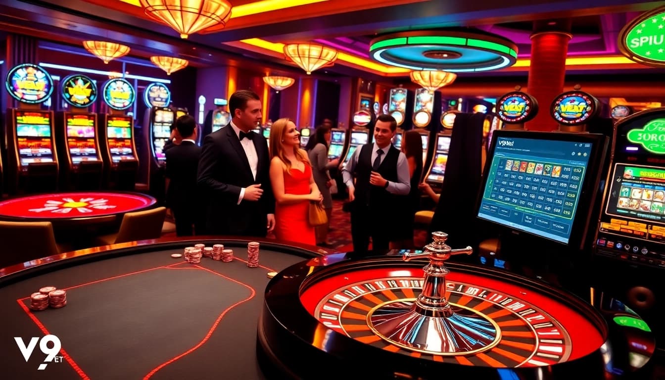 Experience the excitement of v9 bet with a vibrant casino atmosphere featuring poker and roulette tables.