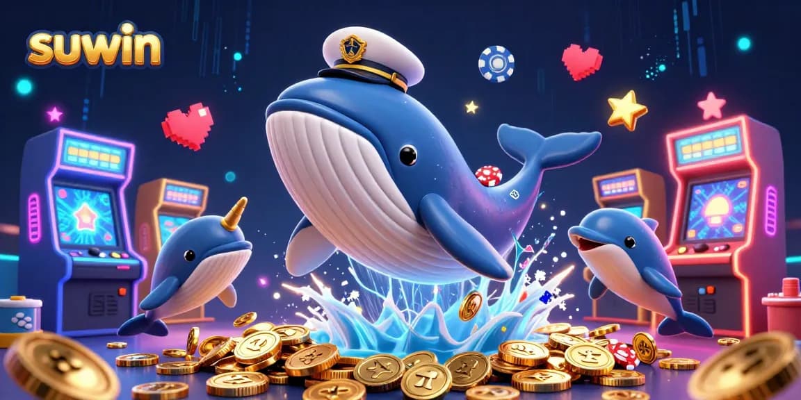 suwin entertains players with a vibrant scene of a cartoon whale and dolphins amid casino elements.