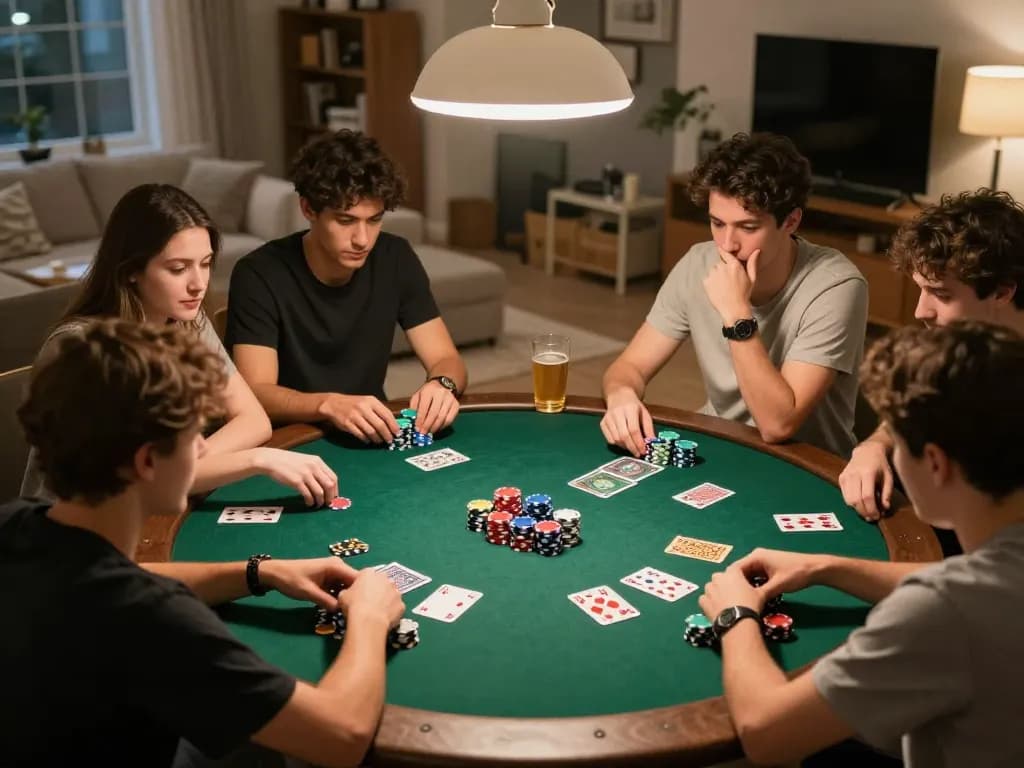 Friends engaged in a competitive poker game at home, showcasing strategies while enjoying their time with net88.