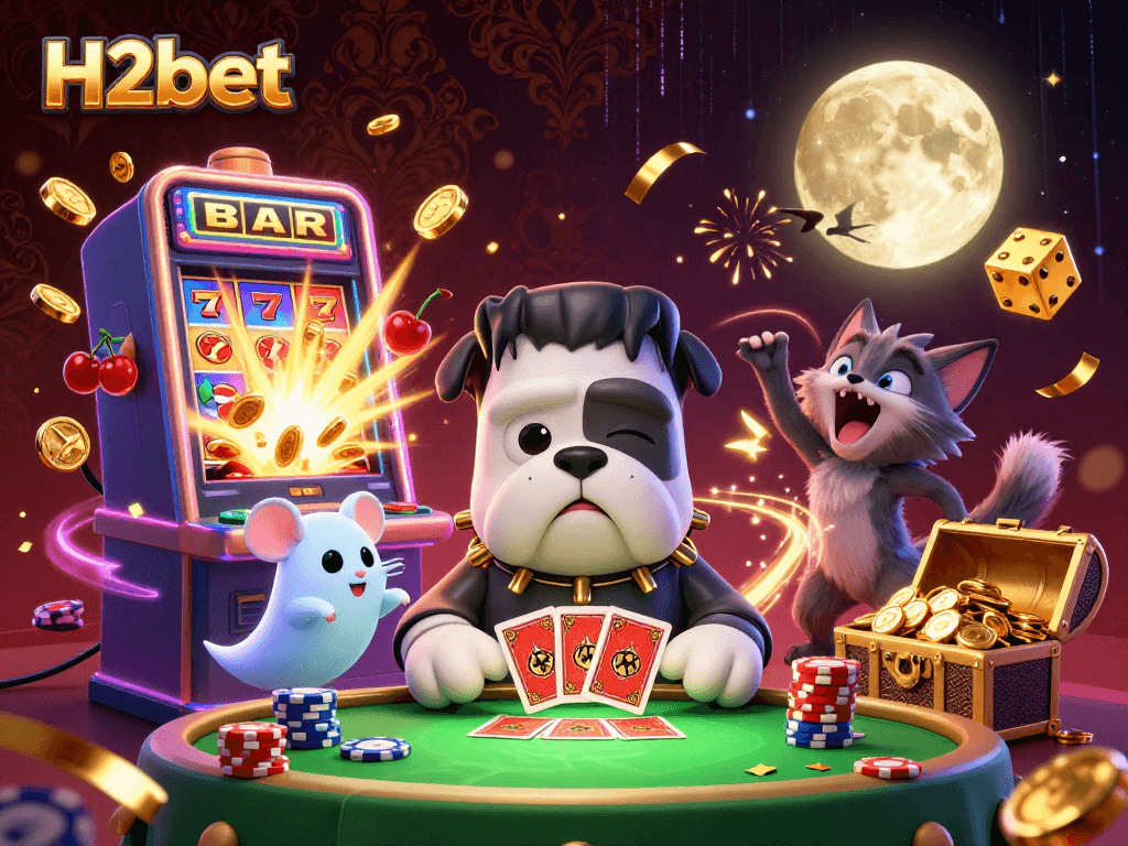 H2bet's lively casino scene with a Frankenstein bulldog dealing cards and a jackpot explosion of coins.