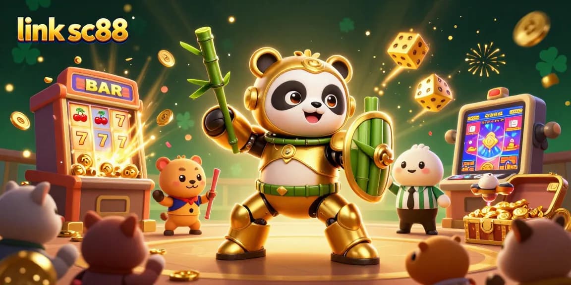 Experience thrilling wins with link sc88 in an ultra-detailed casino battle illustration featuring a golden panda and jackpot explosion.