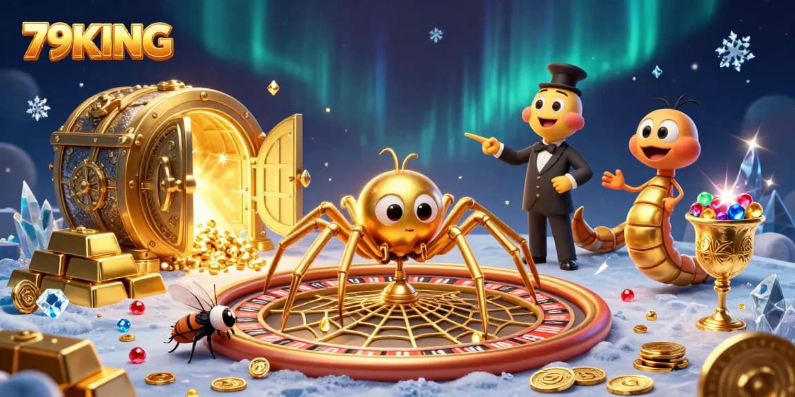79KING offers an exciting casino experience featuring a cartoon spider and centipede in a vibrant roulette scene.