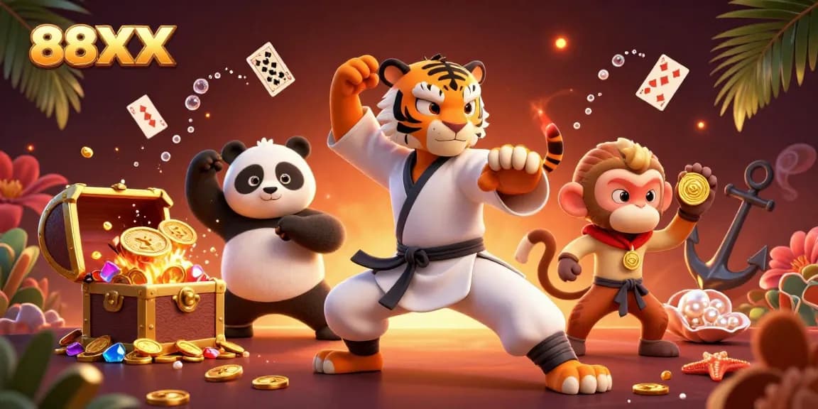 Experience exciting gameplay at 88XX with a kung fu tiger master and vibrant casino elements.