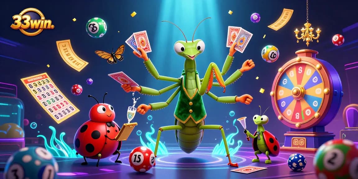 Engage with 33win. as the giant mantis and ladybug deal cards and celebrate wins energetically.