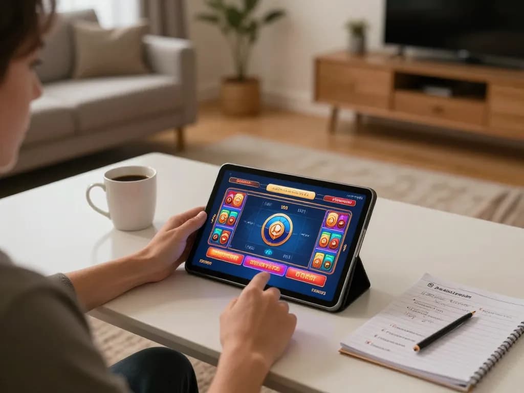 Nohu90 player engaged in online gaming with tablet and strategy notes at home.