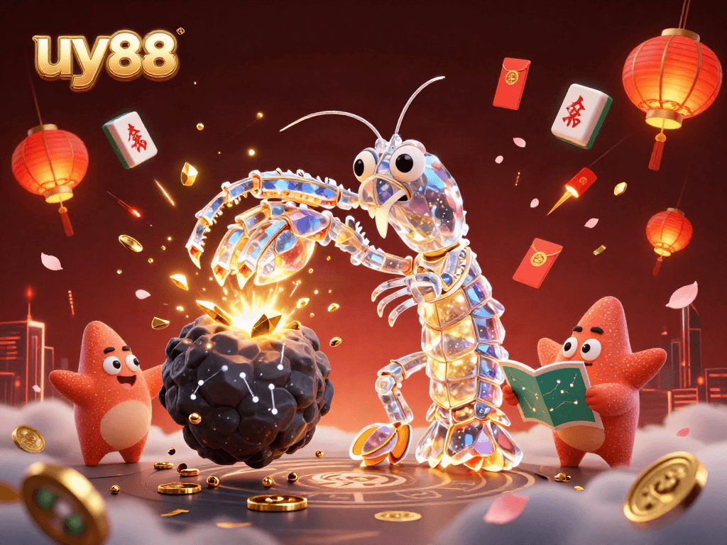uy88 reveals a vibrant galactic scene of a mantis shrimp battling through gems and coins, showcasing a lively casino atmosphere