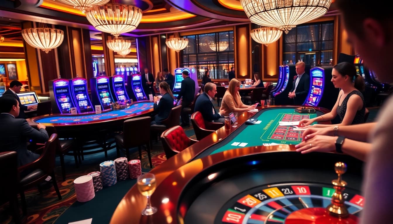 Engaging players at the luxurious 777vip casino with vibrant slot machines and poker tables.