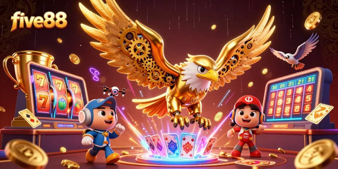 Experience the thrilling action of five88 with a cybernetic eagle and casino elements in a vibrant scene.