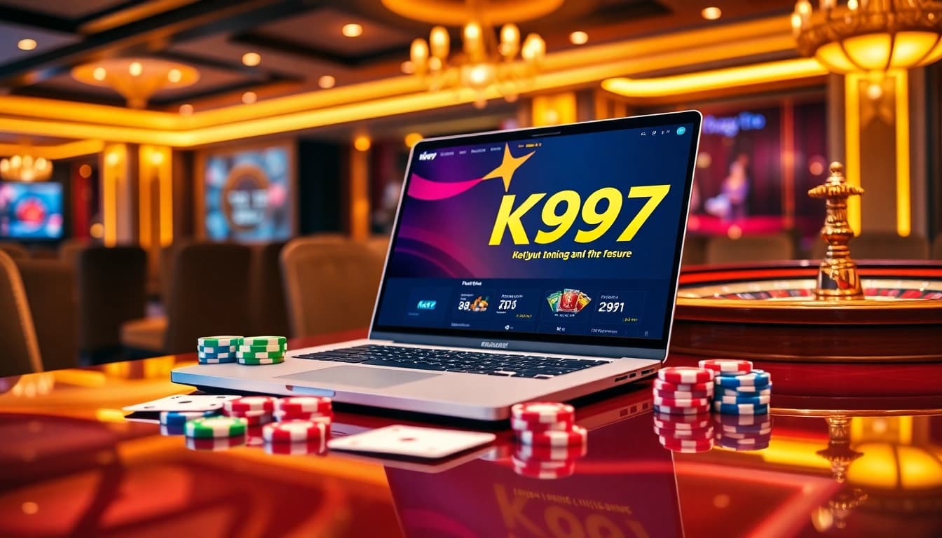 Plataforma de jogos online K997 mostrando ação de cassino com fichas de poker e cartas.
