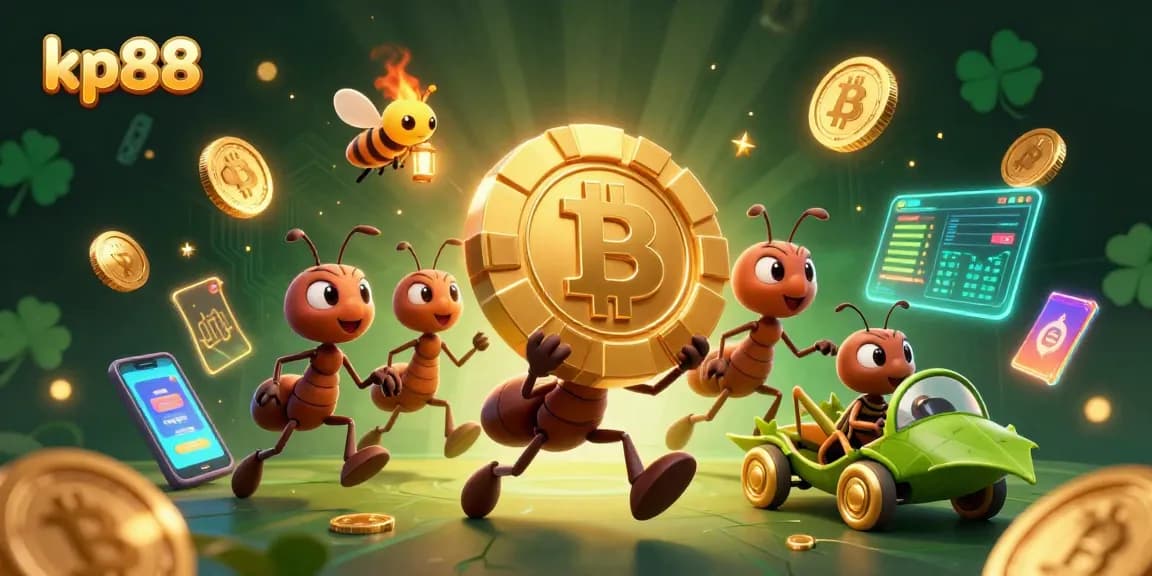 Engage with kp88's dynamic online casino scene featuring ants on a heist with neon cryptocurrency elements.