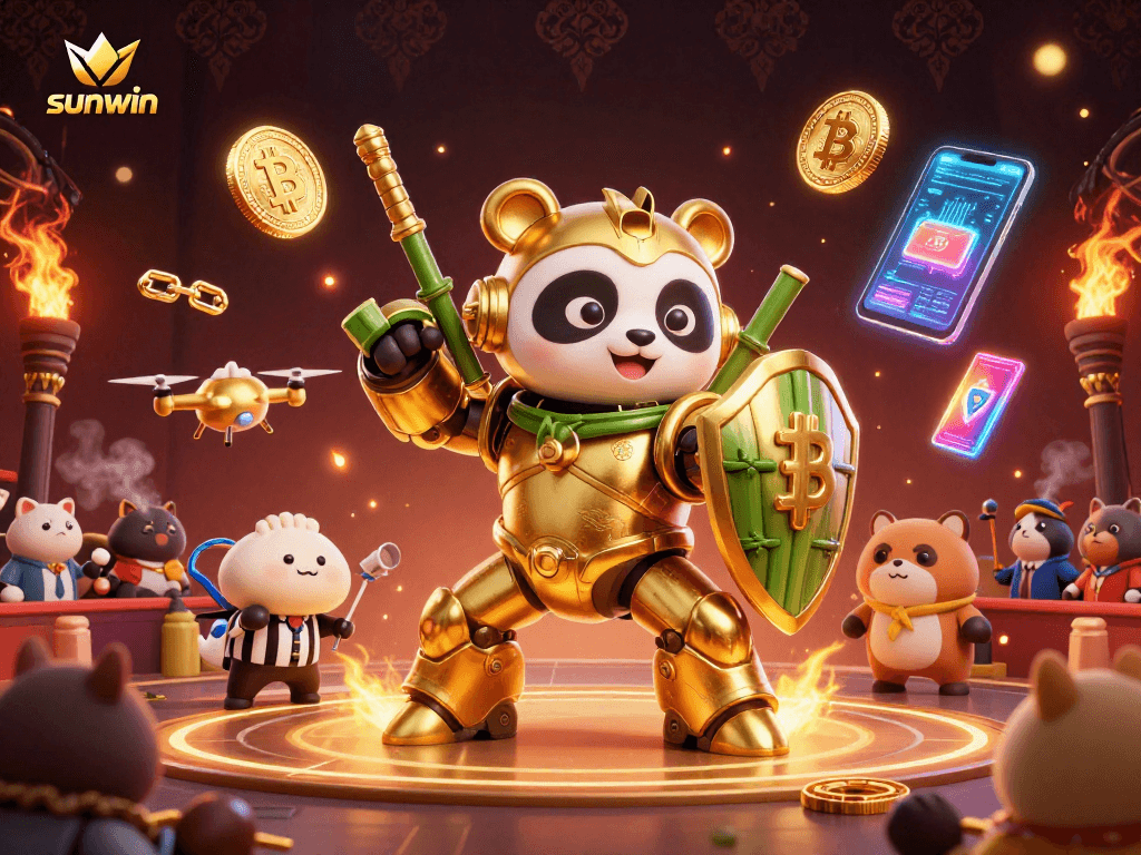 Experience thrilling gameplay at sunwin with a golden panda piloting a combat robot.