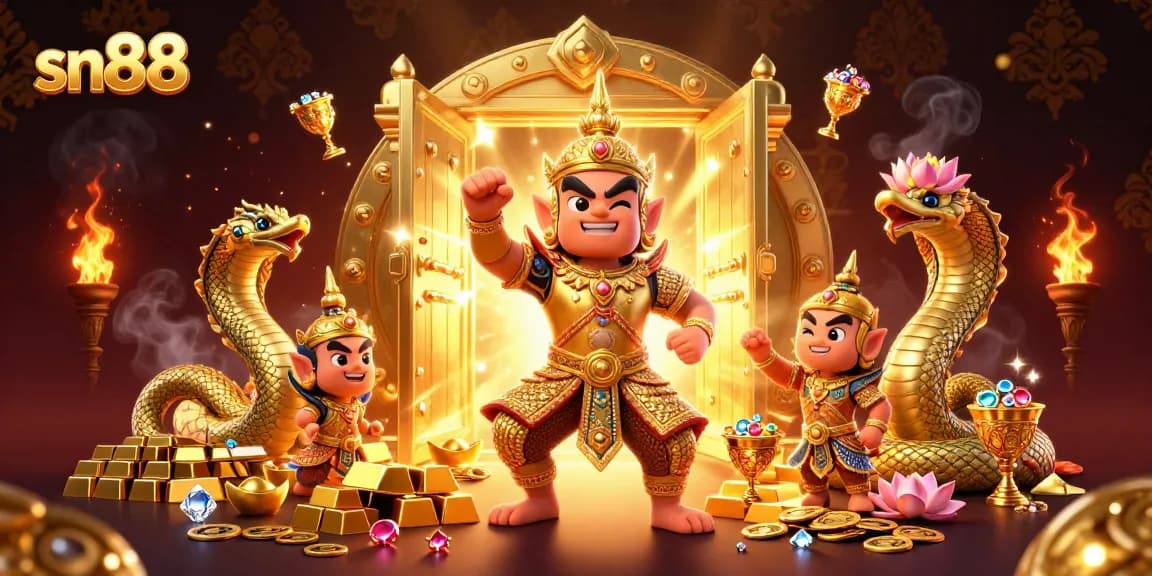 Experience sn88's thrilling casino atmosphere with a golden guardian, gems, and dynamic treasures.