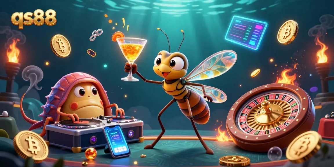 Experience the thrilling qs88 action with a lively scene featuring unique casino characters and crypto elements.