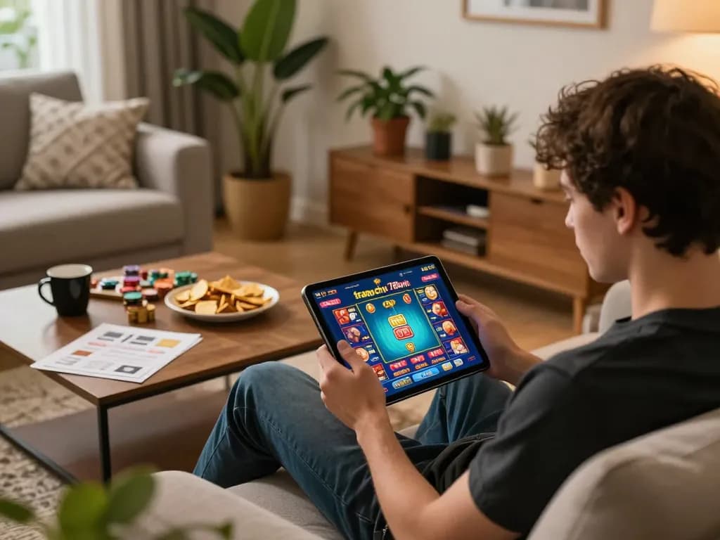 Engage with the trang chu 789win online gaming interface, showcasing a cozy home gambling scene.