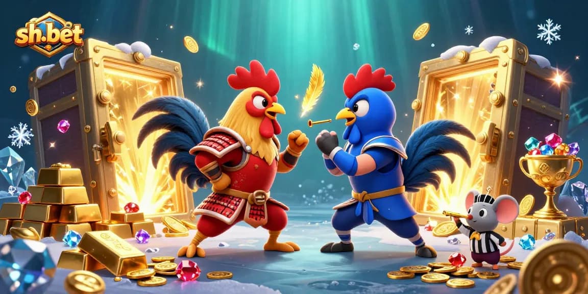 Join the thrilling showdown at sh-bet with cartoon roosters in a dramatic casino scene filled with gold.