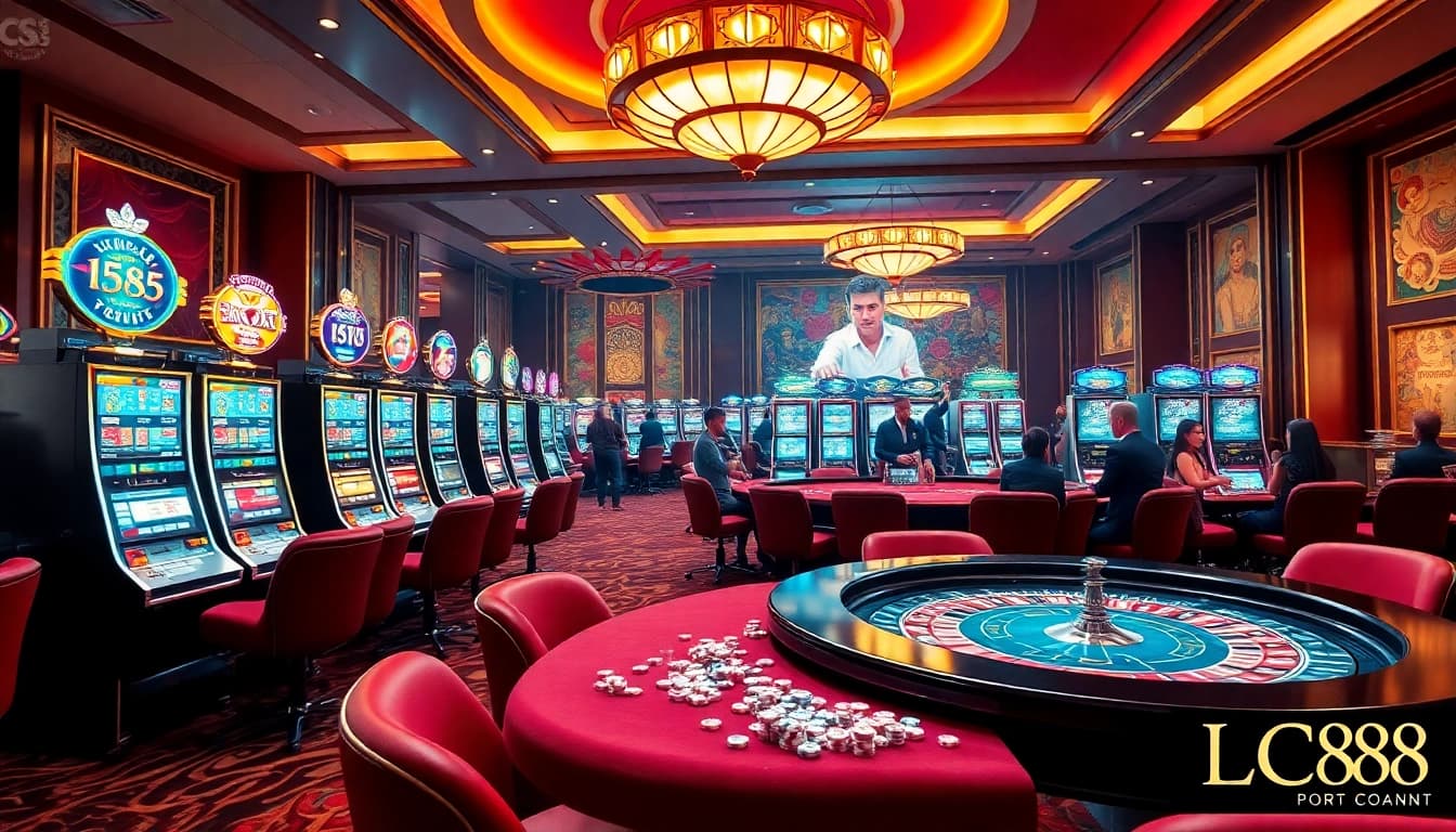 Players enjoying high-stakes games at LC88's luxurious casino environment.