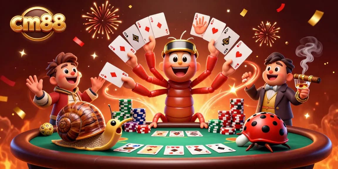Experience exciting gameplay with cm88, featuring a cartoon dealer and vibrant poker scene.