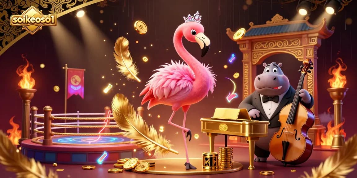 soikeoso1 presents a vibrant casino scene with a flamingo singer and hippo bassist, alive with energy.