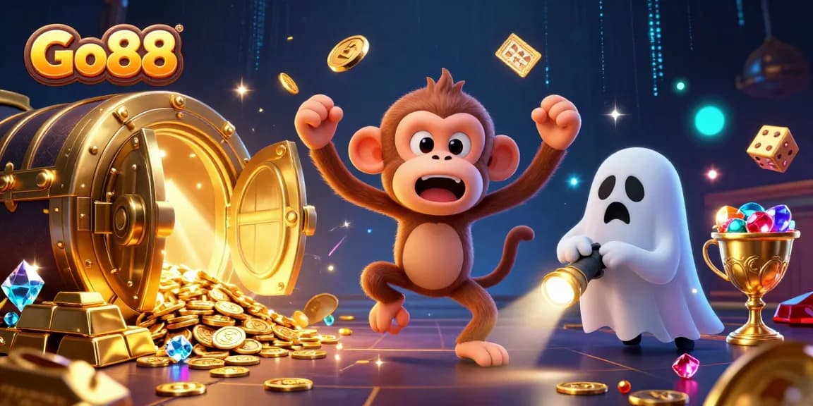 Experience thrilling gaming at Go88 with a playful ghost monkey juggling treasures in a haunted casino