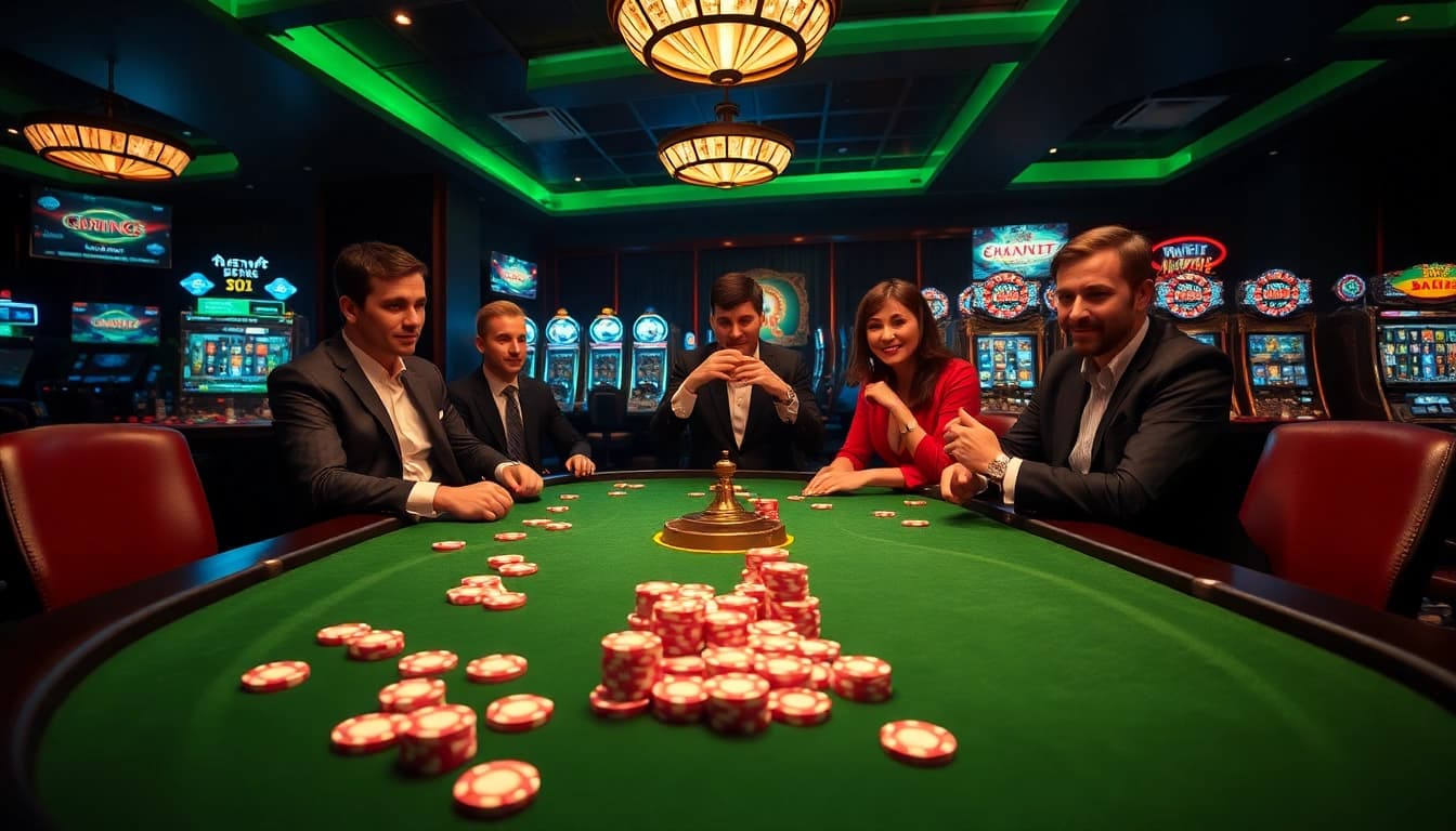 Experience thrilling action at https://288tbr.com/ with players engaging in high-stakes poker at an elegant casino table.