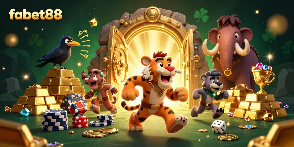 Experience thrilling moments with fabet88 at this dynamic 3D casino scene featuring engaging characters and vibrant gold.