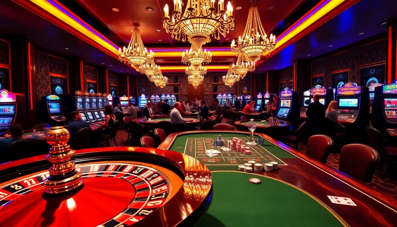 Experience the excitement of 7hh with vibrant tables and players enjoying casino games.