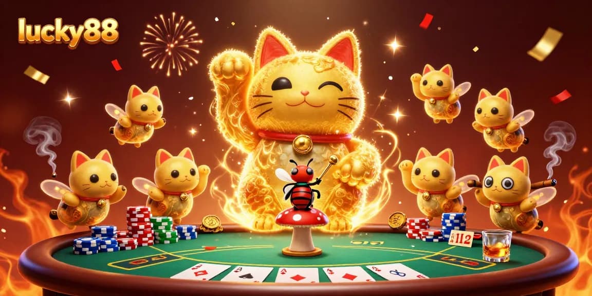 Experience excitement at lucky88 with a vibrant illustration of a waving lucky cat surrounded by casino symbols.