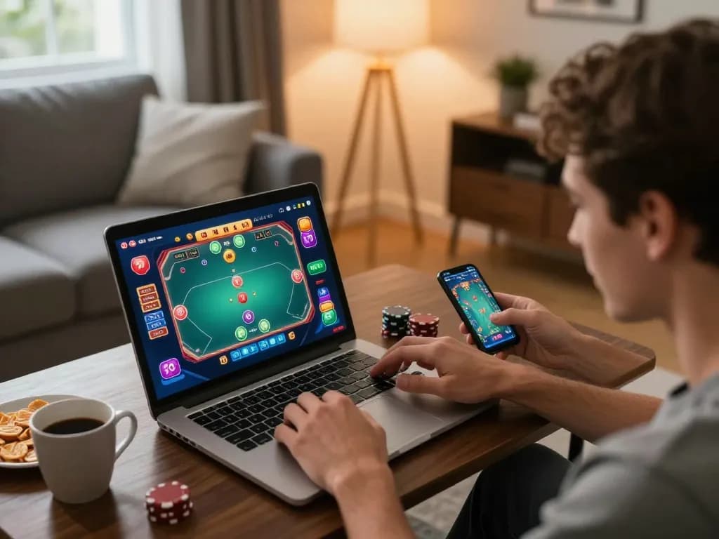 Engaging online gaming session with x333 on laptop and smartphone, cozy home atmosphere.