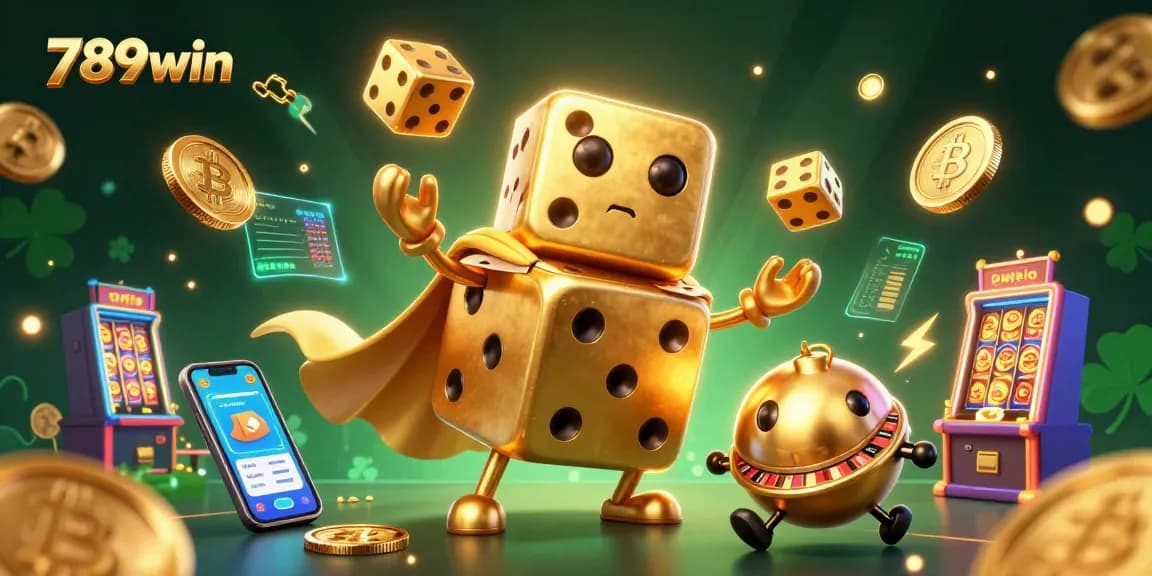 789win showcases a vibrant 3D casino scene with golden dice and crypto elements, capturing the excitement of online gaming.