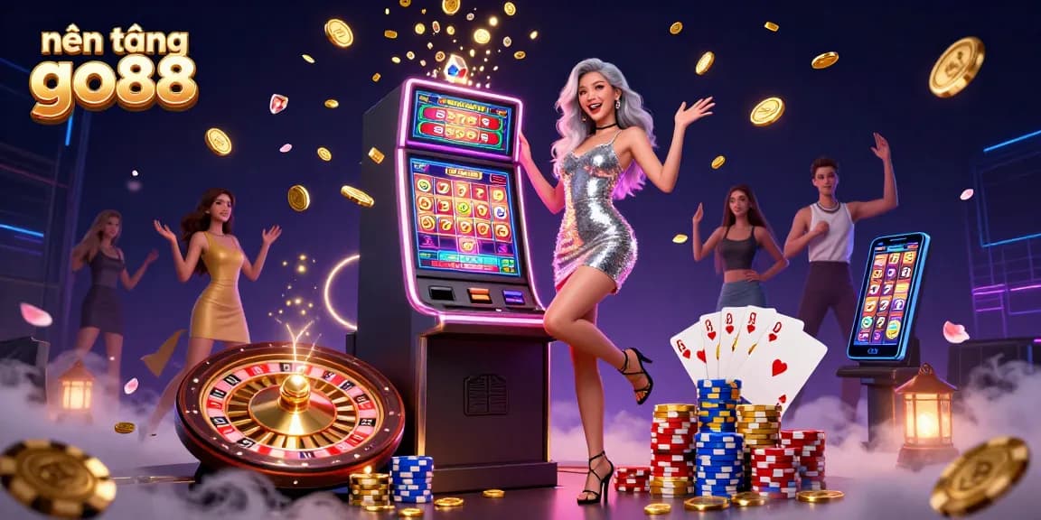 Experience thrill with nền tảng go88, showcasing vibrant casino elements and joyful gamers.