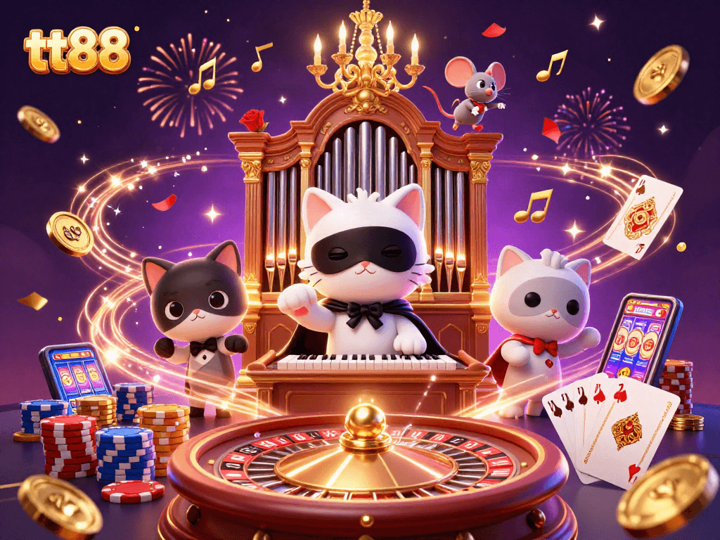 Engage with tt88's vibrant casino scene featuring a phantom cat, acrobatic mouse, and dynamic gaming elements.