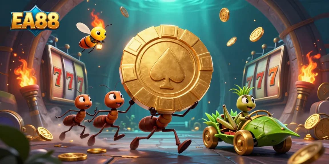 EA88 team of ants carrying a giant poker chip in a vibrant casino heist scene filled with gaming elements.