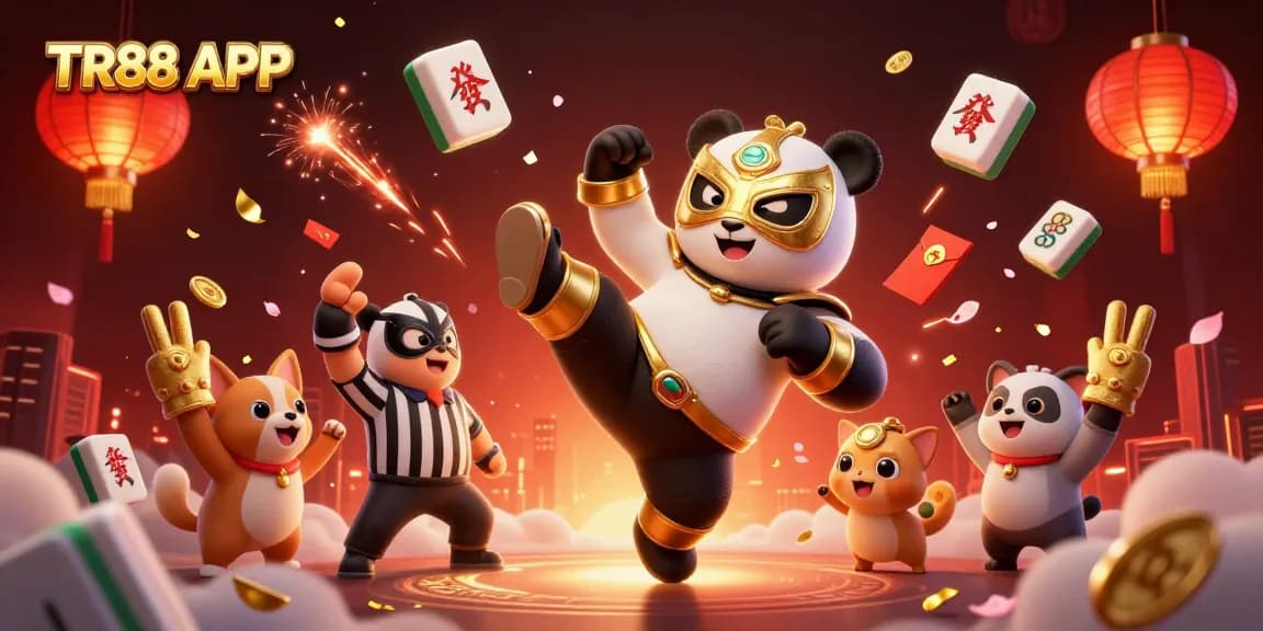 Engage with the TR88 APP through a vibrant scene of a panda and chihuahua at an exciting online casino.