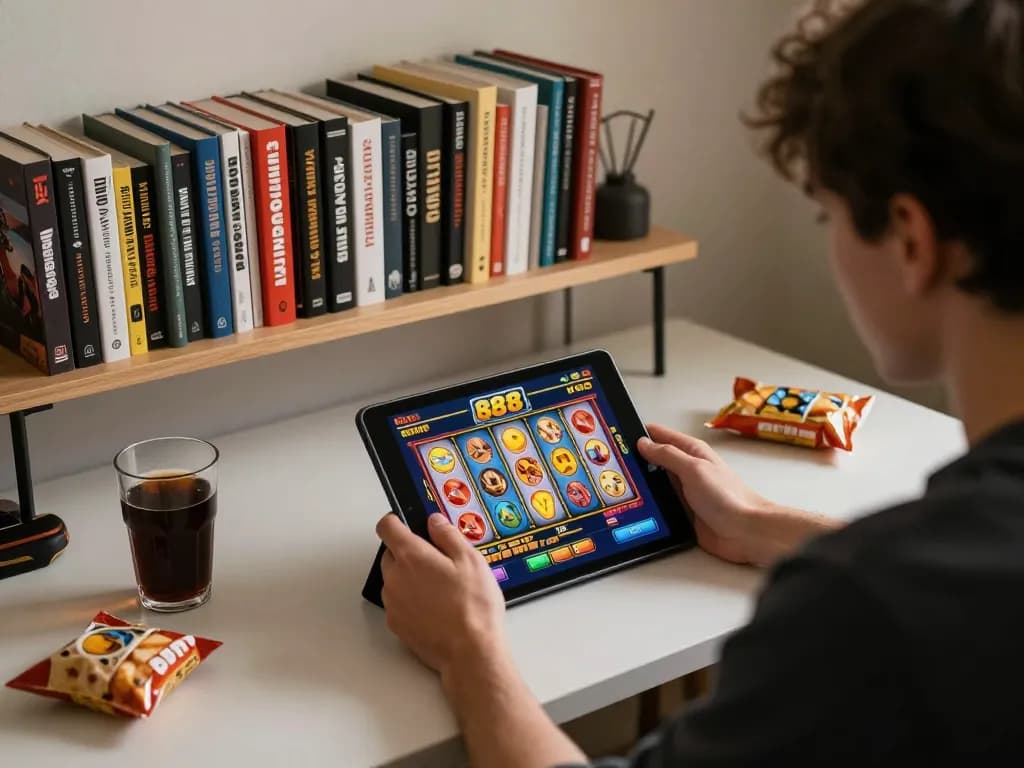 Play exciting slot88 games on a tablet at home, showcasing strategic play and relaxed atmosphere.