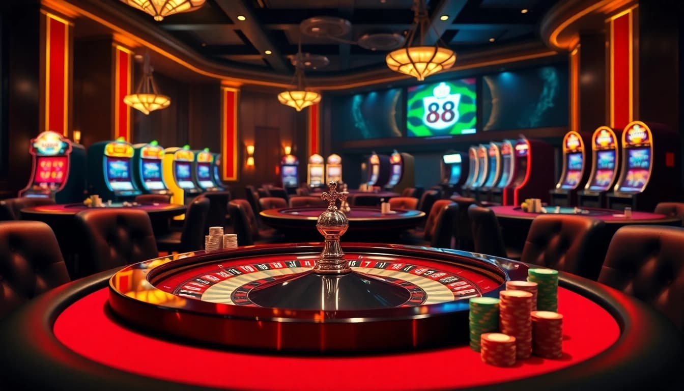 Play exciting games at five88's luxurious casino, featuring poker tables and roulette wheels.